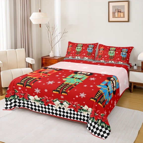 jejeloiu Colorful Nutcraker Soldier Bed Sheets,Merry Christmas King Sheets,Red Green Blue Sheet Set For Teens,Ultra Soft Home Decor,4pcs