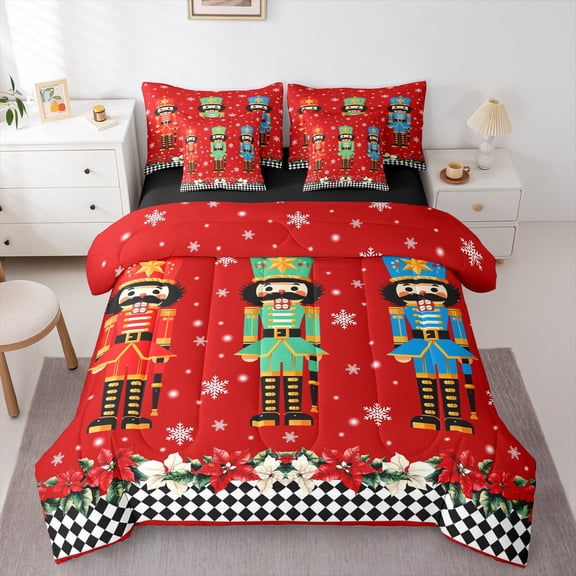 jejeloiu Colorful Nutcraker Soldier Bedding Comforter Set 7-Piece,Merry Christmas King Bedding Sets,Red Green Blue Bed Sheets For Teens,Ultra Soft Home Decor Reversible