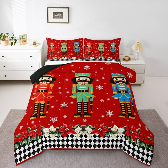 jejeloiu Colorful Nutcraker Soldier Queen Comforter Set,Merry Christmas Bedding Sets,Red Green Blue Bedding Comforter Set For Teens,Ultra Soft Home Decor Reversible,3 Pieces