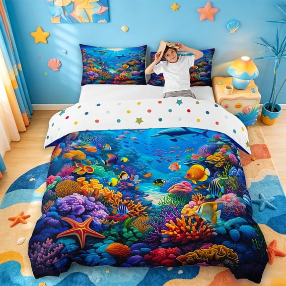 jejeloiu Colorful Ocean Coral Bedding,Dolphin Fish Print Duvet Cover Full For Boys,Multicolor Blue,Polkadot Reversible,3 Pieces,1 Duvet Cover and 2 Pillowcases