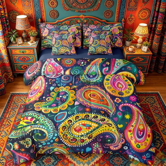 jejeloiu Colorful Paisley 7pcs Queen Bedding For Men Women,Bohemian Pattern Bedding Comforter Set Queen,Dark Multi,Navy Blue Reversible