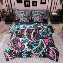 jejeloiu Colorful Paisley Flowers 7-Piece Twin Bedding Sets,Vintage Bohemian Floral Bedding Comforter Set,Multicolor Abstract Graffiti Sheet Sets For Girls Kids,Super Cozy Room Decor Reversible