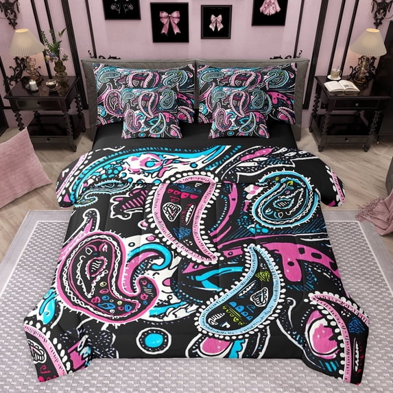 jejeloiu Colorful Paisley Flowers 7 Pieces Bedding Comforter Set,Vintage Bohemian Floral Full Bedding Set,Multicolor Abstract Graffiti Fitted Sheet Flat Sheet For ,Super Cozy Room Decor Reversible