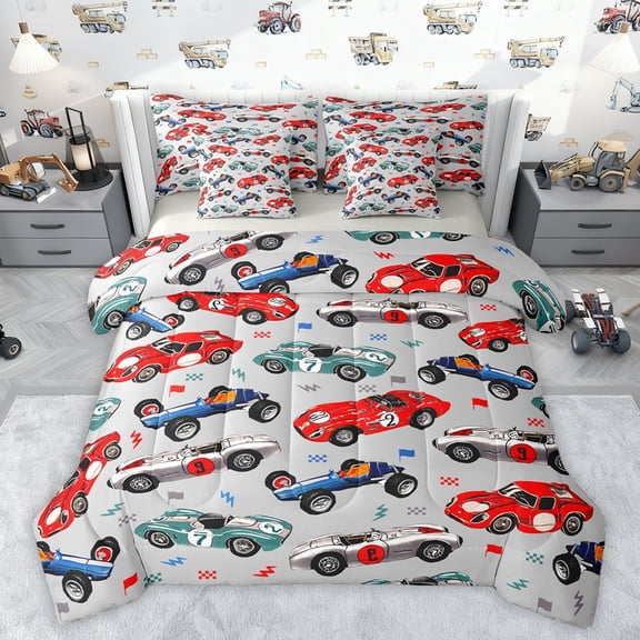 jejeloiu Colorful Racing Car 7-Piece Twin Bedding Sets,Extreme Sport Theme Bedding Comforter Set,Red Blue Gray Sheet Sets For Boys Kids,Luxury Bedroom Decor Reversible