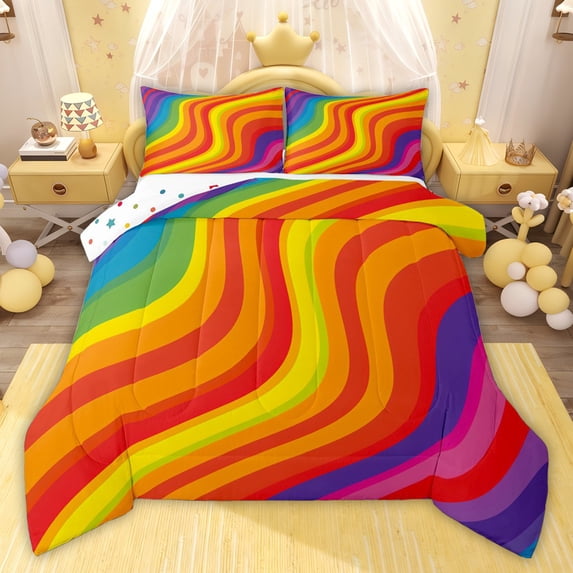 jejeloiu Colorful Rainbow Stripe Queen Comforter Set,Geometric Waves Lines Bedding Comforter Set For Girls Teens Reversible 3pcs