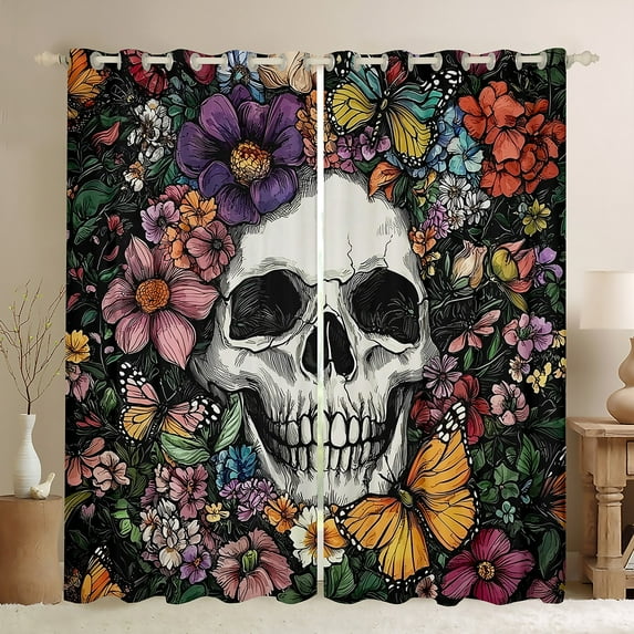jejeloiu Colorful Rustic Flower Black Out Curtains,Sketch Skull Curtains Pack of 2 (42x63 Each),Gothic Theme Bedroom Curtains For Teens,Super Cozy Room Decor