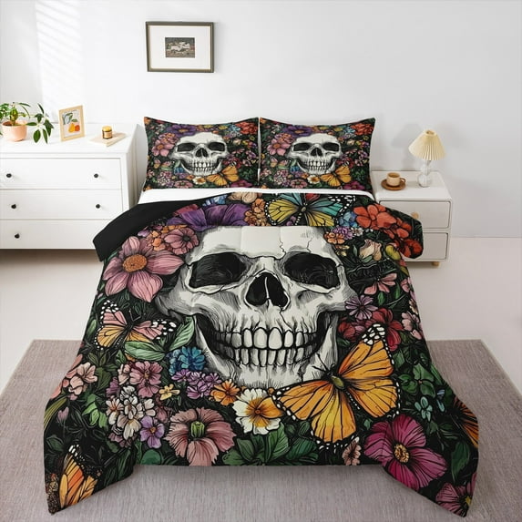 jejeloiu Colorful Rustic Flower Queen Comforter Set,Sketch Skull Bedding Sets,Gothic Theme Bedding Comforter Set For Teens,Super Cozy Room Decor Reversible,3 Pieces