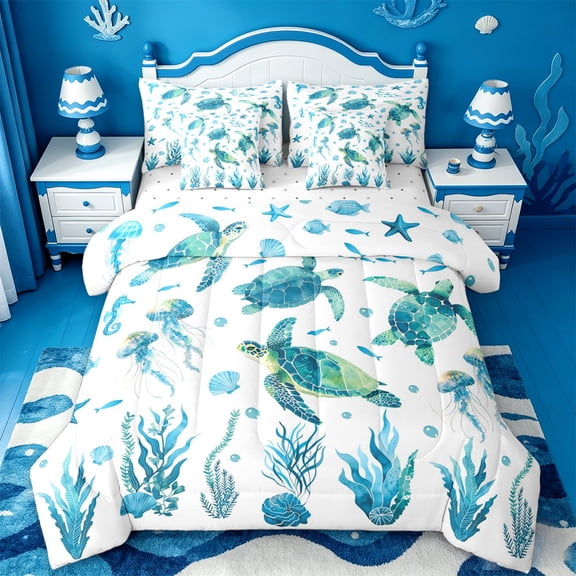 jejeloiu Colorful Sea Turtle Ocean Print 7-Piece Twin Bedding Sets Kids,Underwater Animal Pattern Bedding Comforter Set,Reversible