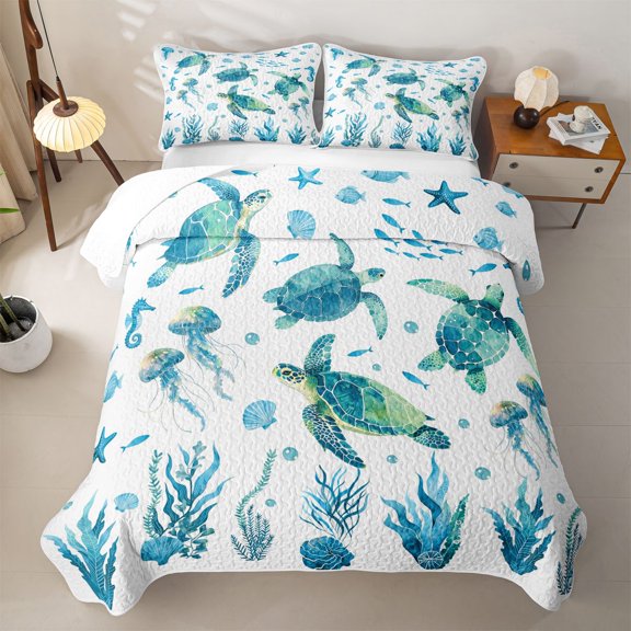 jejeloiu Colorful Sea Turtle Ocean Print Bed Spread Queen Kids,Underwater Animal Pattern Queen Coverlet Set,3-Piece