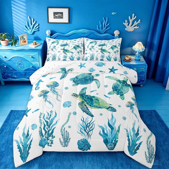 jejeloiu Colorful Sea Turtle Ocean Print Queen Comforter Set Kids,Underwater Animal Pattern Bedding Comforter Set,Reversible,3-Piece