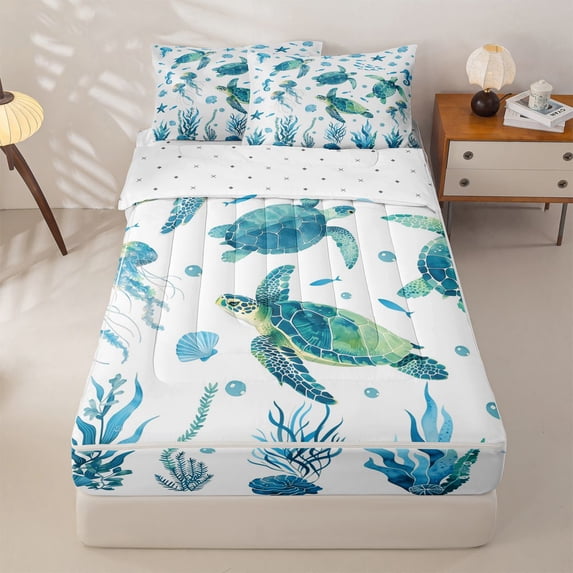 jejeloiu Colorful Sea Turtle Ocean Print Zipper Twin Comforter Sets with Fitted Sheet and 2 Pillowcases Kids,Underwater Animal Pattern Zipper Bedding Set,Reversible,4 Pieces