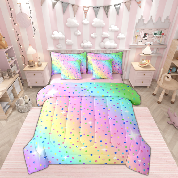 jejeloiu Colorful Sparkle Galaxy Bedding Comforter Set,7 Pieces,Rainbow Sequin Print Full Bedding Set,Multicolor Ombre Fitted Sheet Flat Sheet For Child,Ultra Soft Room Decor Reversible