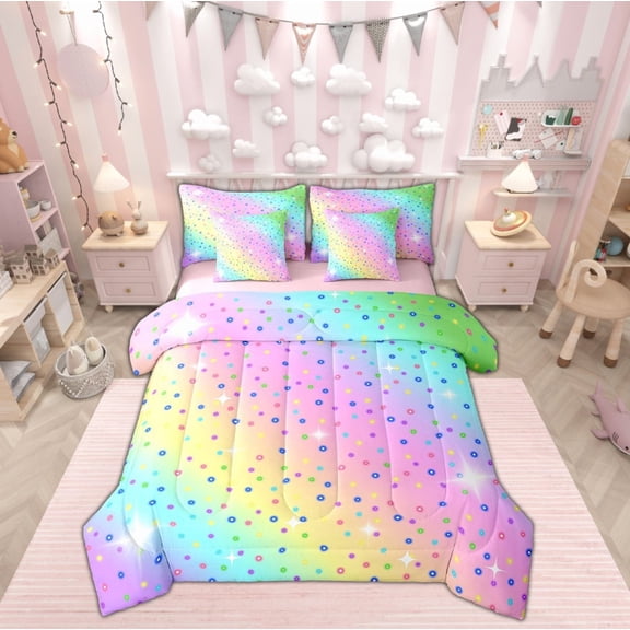 jejeloiu Colorful Sparkle Galaxy Bedding Comforter Set,7pcs,Rainbow Sequin Print Queen Bedding Sets,Multicolor Ombre Queen Sheet Sets For Child,Ultra Soft Room Decor Reversible