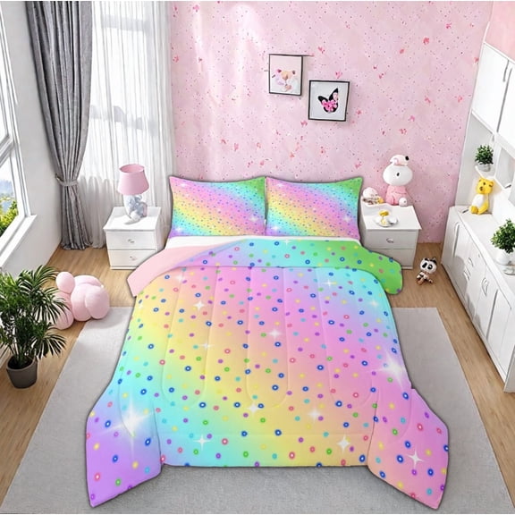jejeloiu Colorful Sparkle Galaxy Bedding Comforter Set,Rainbow Sequin Print Twin Comforter Sets,Multicolor Ombre Bedding Set For Child,Ultra Soft Room Decor Reversible,3pcs