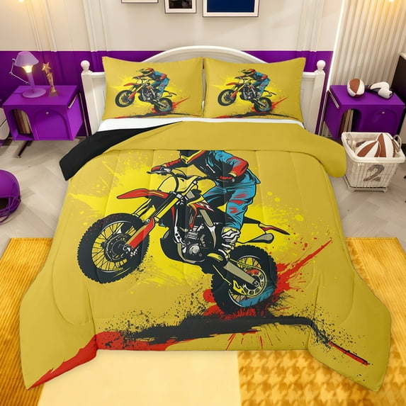 jejeloiu Colorful Splatter Ink Queen Comforter Set,Speed Motor Biker Bedding Comforter Set For Men Women Reversible 3pcs
