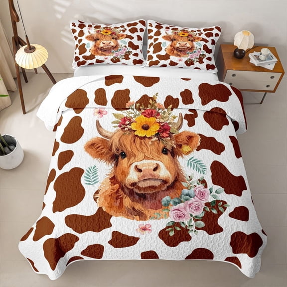 jejeloiu Colorful Sprint Floral Bed Spread Queen Kids,Farm Animal Highland Cow Queen Coverlet Set,3-Piece