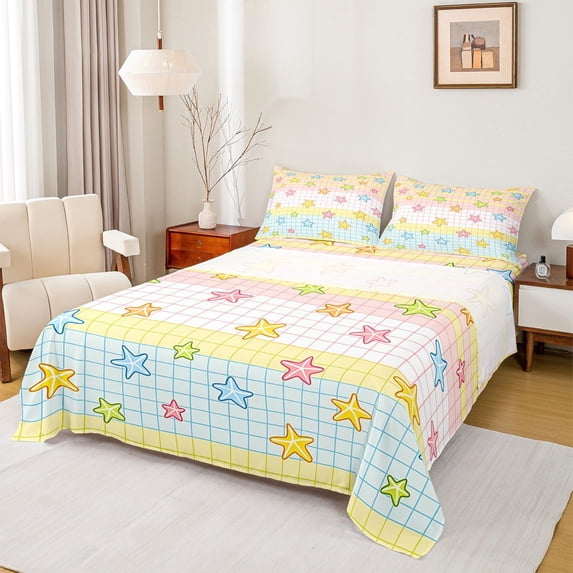 jejeloiu Colorful Starfish Grid Bed Sheets For Girls,Kawaii Pastel Pattern Full Size Sheets,Multicolor,4 Pieces,1 Flat Sheet, 1 Fitted Sheet and 2 Pillowcases