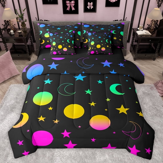 jejeloiu Colorful Stars Print 7 Pieces Bedding Comforter Set,Multicolor Moon Full Bedding Set,Galaxy Planet Theme Fitted Sheet Flat Sheet For Boys Girls,Super Cozy Room Decor Reversible