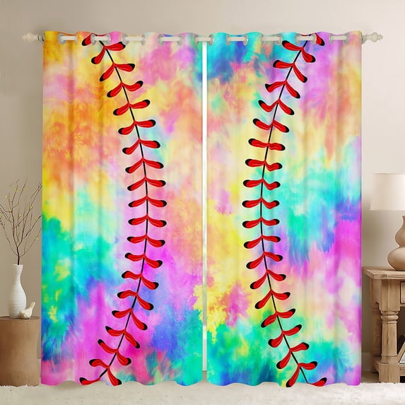 jejeloiu Colorful Tie Dye Blackout Curtains,Girls Baseball Curtains Pack of 2 (38x45 Each),Sports Game Window Curtains For Teens,Luxury Bedroom Decor
