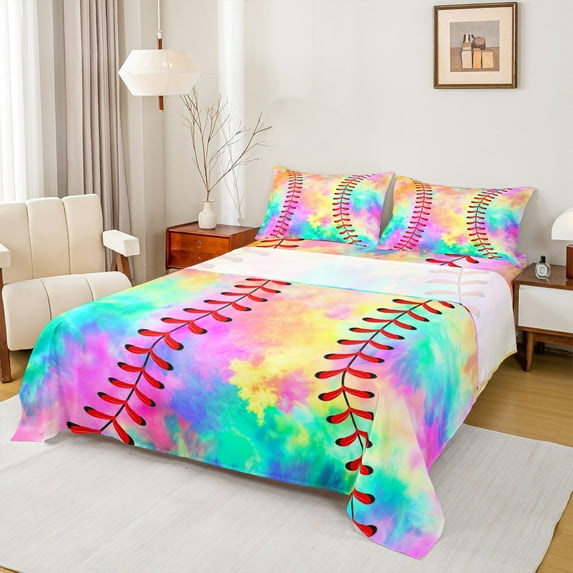 jejeloiu Colorful Tie Dye Twin Sheet Set (3-Piece) Baseball Sports Luxury Decor For Boys