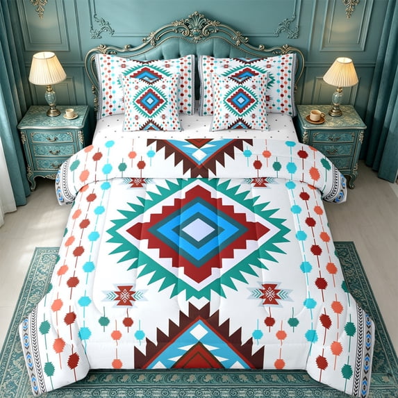 jejeloiu Colorful Tribal 7 Pieces Full Size Bedding Sets,Aztec Print Full Size Bed in a Bag For Boys,Teal Red White,Reversible