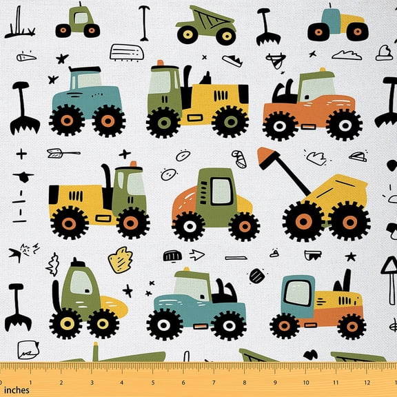 jejeloiu Colorful Truck Fabric by the Yard 3 Yards for Boys Girls, Tractors Sewing Fabric, Construction Site Vehicle Fabric for Sewing