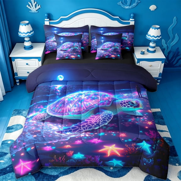 jejeloiu Colorful Turtle 7pcs Bedding Comforter Set Kids,Fantasy Ocean Starfish Queen Bedding Sets For Kids,Reversible