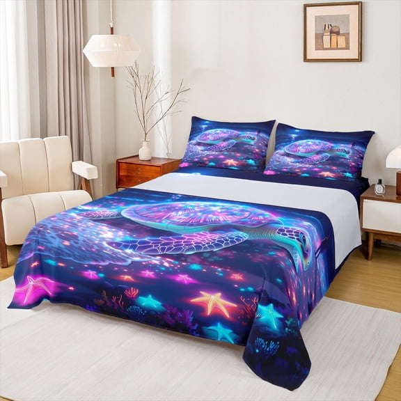jejeloiu Colorful Turtle Queen Sheet Sets Kids,Fantasy Ocean Starfish Bed Set For Kids,4pcs