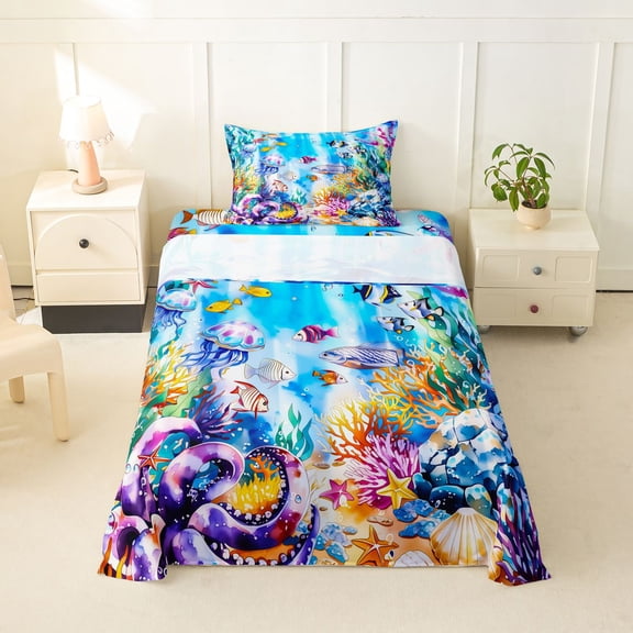 jejeloiu Colorful Underwater World Twin Sheets For Girls,Octopus Jellyfish Fish Bedding,Colorful Blue,3 Pieces,1 Fitted Sheet and 1 Pillowcase
