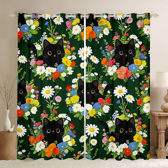 jejeloiu Colorful Wildflower Garden Black Out Curtains Kids,Watercolor Floral Black Cat Curtains Pack of 2 (42x63 Each) For Girls