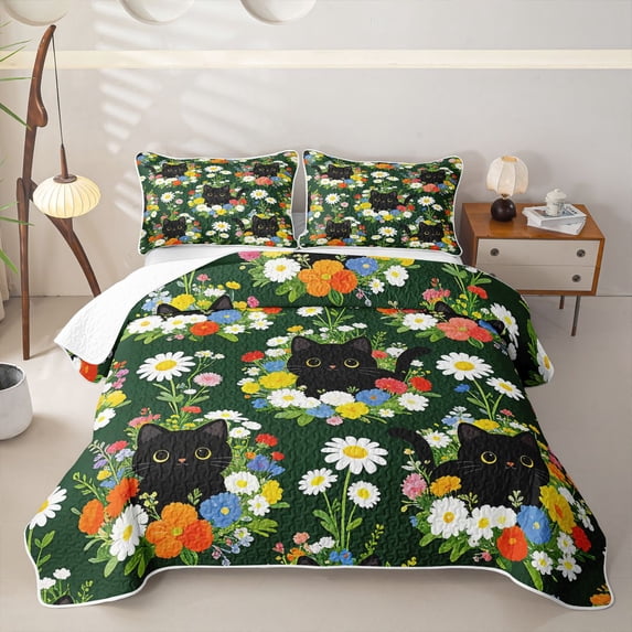 jejeloiu Colorful Wildflower Garden Twin Quilt Set Kids,Watercolor Floral Black Cat Twin Coverlet Set For Girls,2pcs