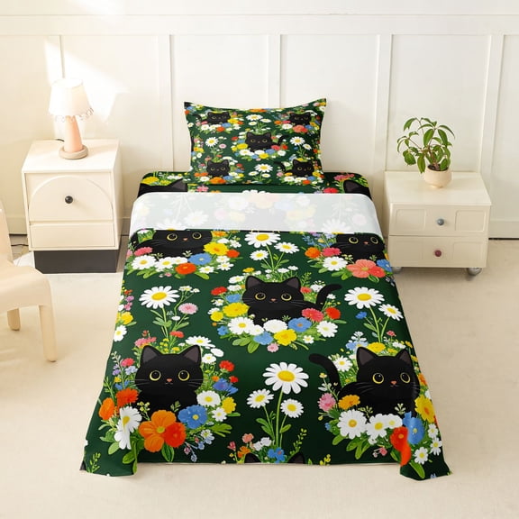 jejeloiu Colorful Wildflower Garden Twin Sheet Sets Kids,Watercolor Floral Black Cat Bedding For Girls,3 Pieces