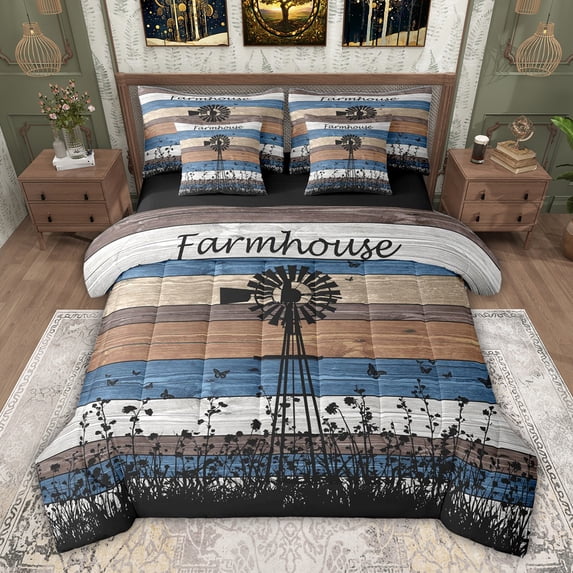 jejeloiu Colorful Wooden Plank 7pcs Bedding Comforter Set,Ancient Windmill Queen Bedding Sets For Girls Kids Reversible