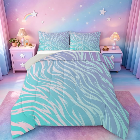 jejeloiu Colorful Zebra Lines Queen Comforter Set Kids,Animal Print Bedding Comforter Set For Girls,Reversible,3pcs