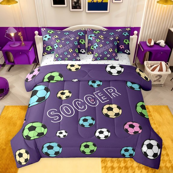 jejeloiu Colorfull Soccer 7-Piece Twin Bedding Sets,Football Sport Game Bedding Comforter Set,Teens Ball Lovers Sheet Sets For Girls Boys,Luxury Bedroom Decor Reversible