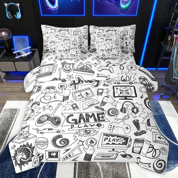 jejeloiu Console Game 7-Piece Bedding Comforter Set,Teens Video Games King Bedding Sets,Sketch Gamepad Bed Sheets For Boys Teens,Super Cozy Room Decor Reversible