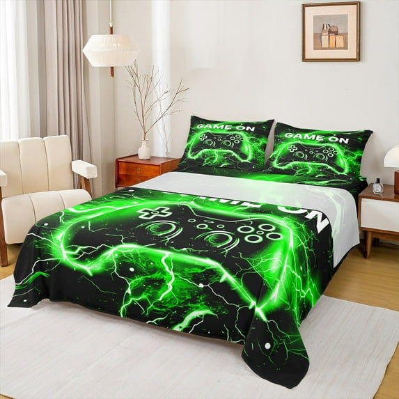 jejeloiu Console Game Lovers Twin Sheet Sets,Green Black Gamepad Twin Fitted Sheet,Modern Video Games Flat Sheet For Boys Teens,Ultra Soft Home Decor,3 Pieces