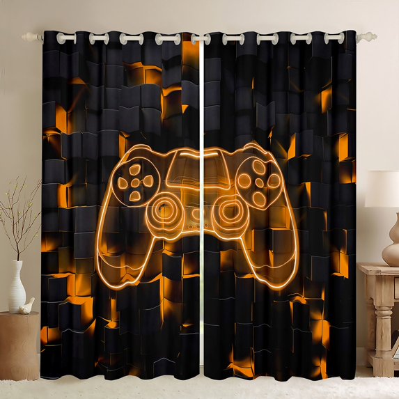 jejeloiu Console Gaming Gamer Blackout Curtains Set of 2 (52x84 Each),Modern Video Game Window Curtains,Orange Neon Gamepad Curtains and Drapes For Boys,Breathable Home Decor
