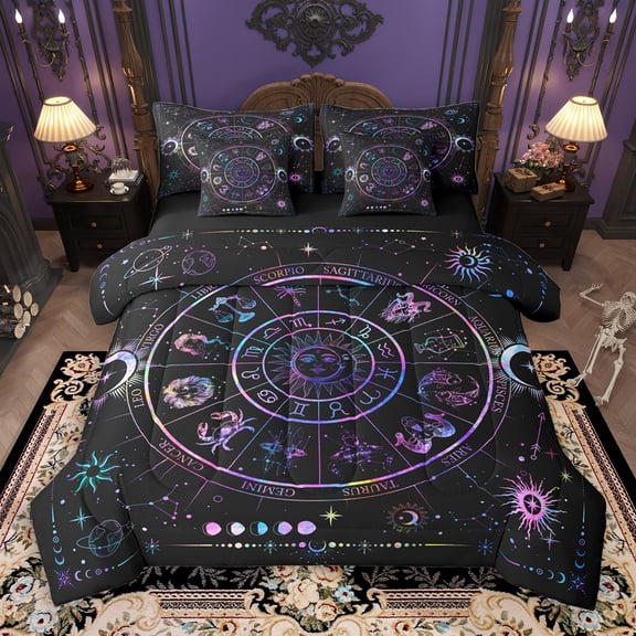 jejeloiu Constellation 7-Piece Bedding Comforter Set,Boho Bohemian Theme King Bedding Sets,Purple Black Bed Sheets For Boys Kids,Luxury Bedroom Decor Reversible