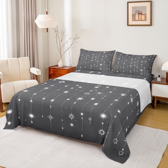 jejeloiu Constellation Theme Bed Sheets,Stars Print King Sheets,Gray White Sheet Set For Teens,Microfiber Bedroom Decor,4pcs