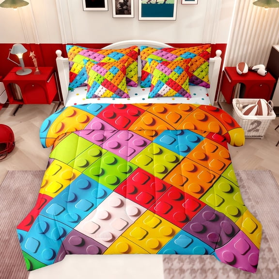 jejeloiu Construction 7-Piece Bedding Comforter Set,3D Building Blocks King Bedding Sets,Colorful Toy Brick Bed Sheets For Girls Boys,Microfiber Bedroom Decor Reversible