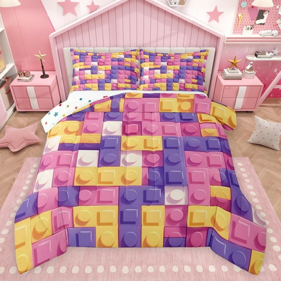 jejeloiu Construction Bedding Comforter Set,3D Building Blocks Twin Comforter Sets,Pink Purple Yellow Bedding Set For Girls Boys,Microfiber Bedroom Decor Reversible,2-Piece