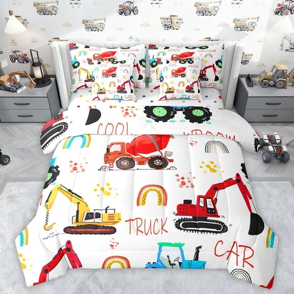 jejeloiu Construction Car Truck 7-Piece Bedding Comforter Set,Watercolor Graffiti Rainbow King Bedding Sets,Excavator Bulldozer Crane Bed Sheets For Kids,Luxury Bedroom Decor Reversible