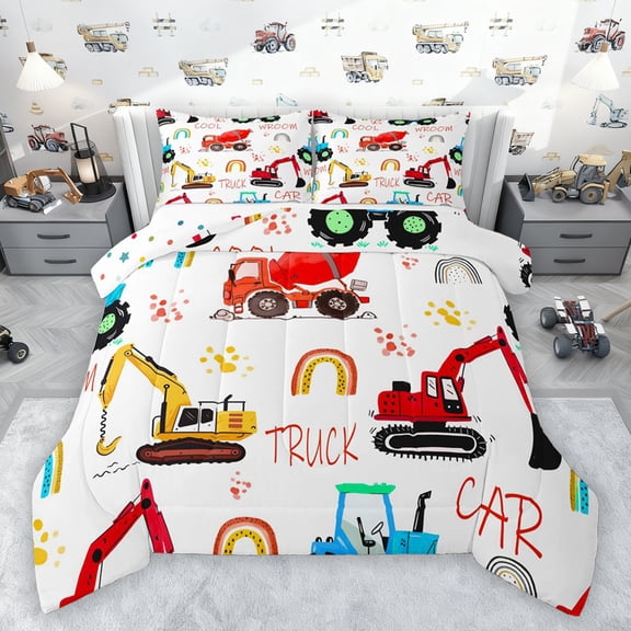jejeloiu Construction Car Truck Queen Comforter Set,Watercolor Graffiti Rainbow Bedding Sets,Excavator Bulldozer Crane Bedding Comforter Set For Kids,Luxury Bedroom Decor Reversible,3-Piece