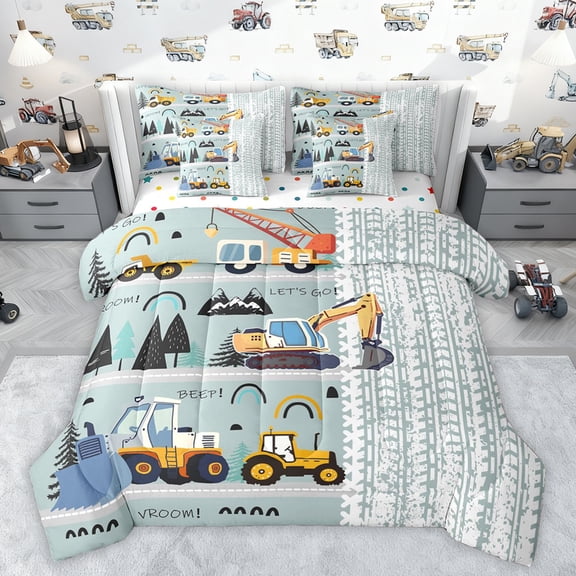 jejeloiu Construction Truck Excavator 7-Piece Twin Bedding Sets,Cartoon Pine Mountain Bedding Comforter Set,Bullodzer Crane Vehicle Sheet Sets For Teens,Super Cozy Room Decor Reversible