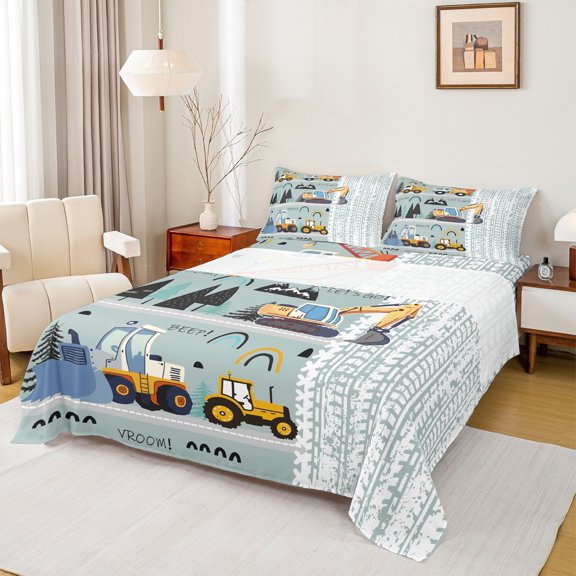 jejeloiu Construction Truck Excavator Twin Sheet Sets,Cartoon Pine Mountain Twin Fitted Sheet,Bullodzer Crane Vehicle Flat Sheet For Teens,Super Cozy Room Decor,3-Piece