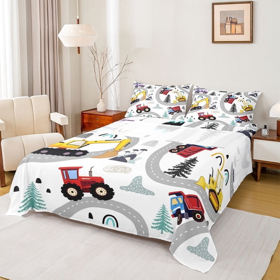 jejeloiu Construction Truck Excavator Twin Sheet Sets,Modern City Road Twin Fitted Sheet,Bullodzer Crane Vehicle Flat Sheet For Teens,Super Cozy Room Decor,3pcs