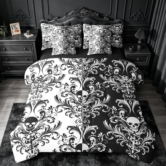 jejeloiu Contrast Skull 7pcs Queen Bedding,Intricate Damask Bedding Comforter Set Queen For Adults,Black White,Black Reversible