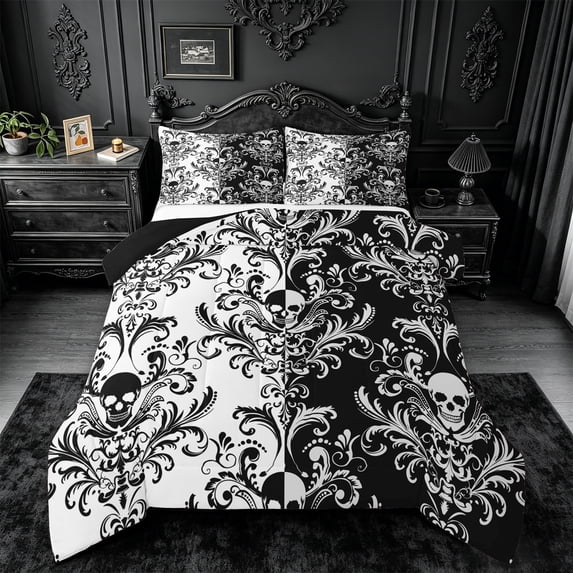 jejeloiu Contrast Skull King Size Comforter Sets,Intricate Damask Comforters King Size For Adults,Black White,Black Reversible,3 Pieces,1 Comforter and 2 Pillowcases