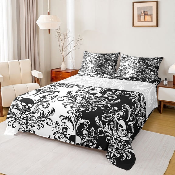 jejeloiu Contrast Skull Queen Sheets,Intricate Damask Queen Sheet Sets For Adults,Black White,4-Piece,1 Flat Sheet, 1 Fitted Sheet and 2 Pillowcases